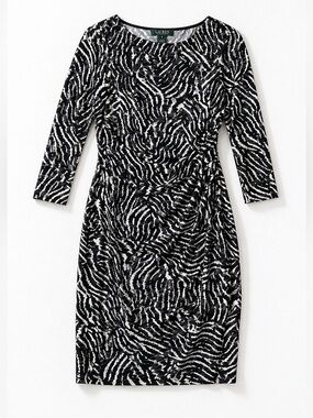 Lauren Ralph Lauren Ruched Abstract Print Dress 3/4 Sleeve Boatneck Black White